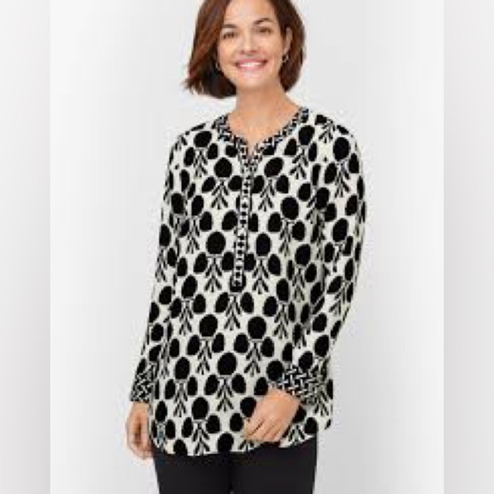 Talbots Blouse Band Collar Bicolor Border Curved Hem Popover Long Sleeves 3X P